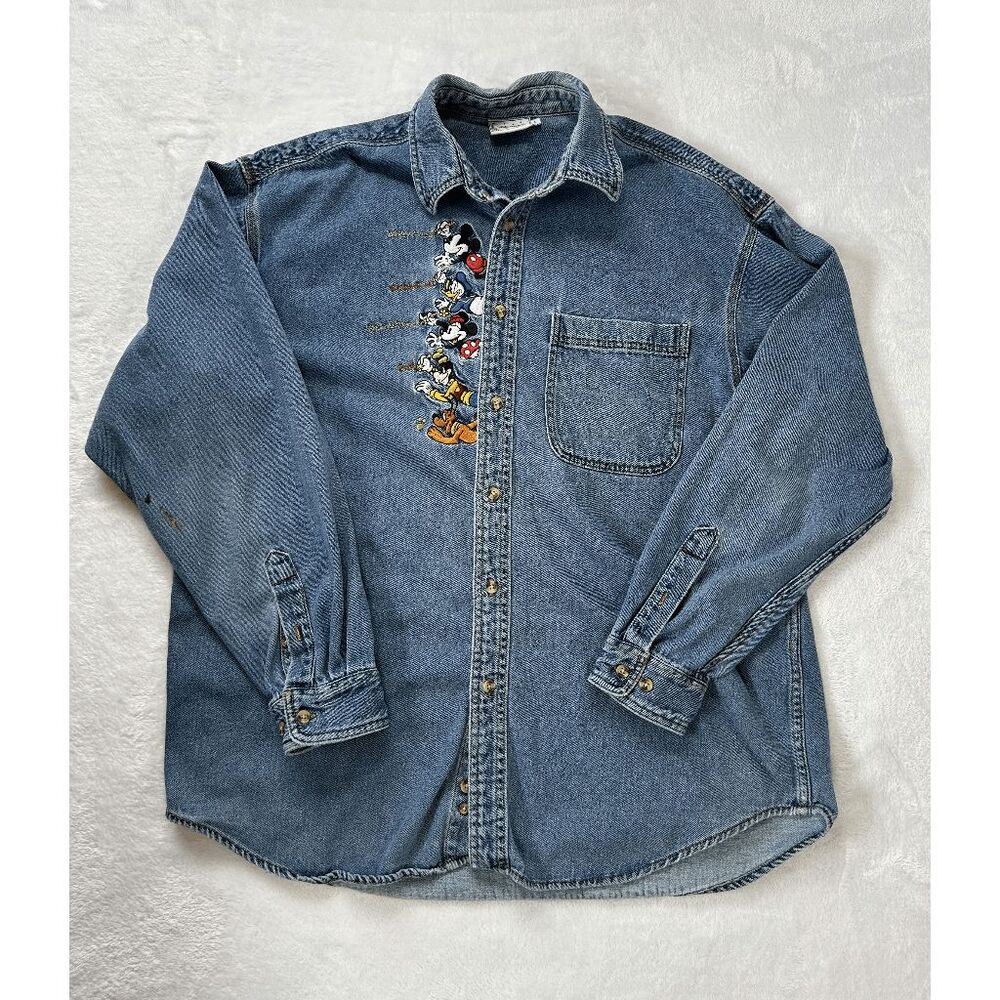Vintage Disneyland Paris Denim Shirt, L, Mickey Donald Minnie Goofy Embroidery